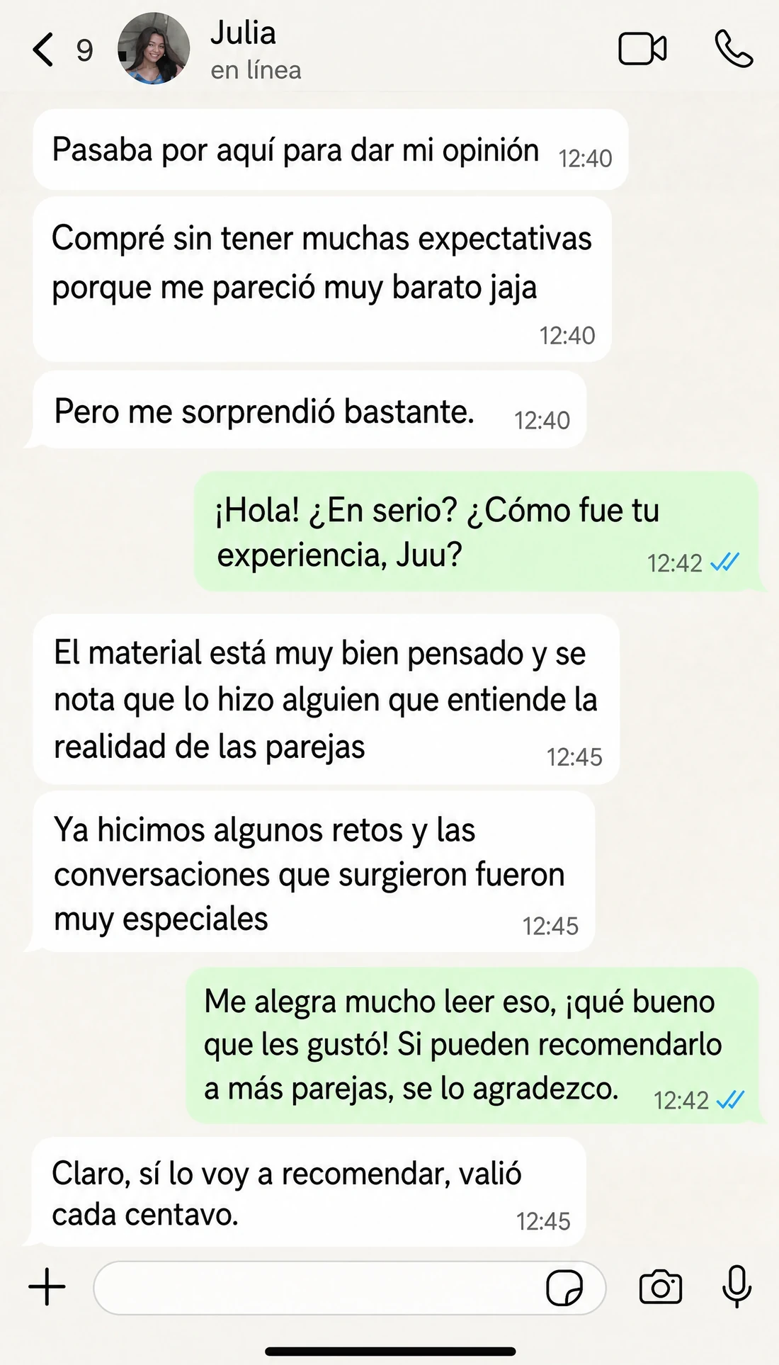 Testimonio de cliente en WhatsApp